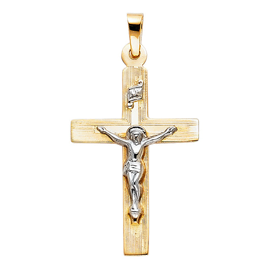 14k Yellow Gold In God We Trust Traditional Crucifix Cross Pendant Wood Charm