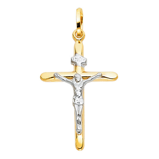 14k Yellow & White Gold Bold Cross Pendant Crucifix Religious Jesus Charm