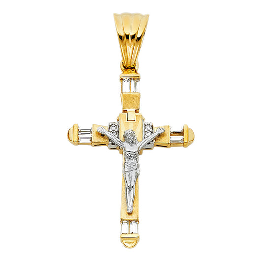 14k Two-Color Gold Clear Cz Radiant 3D Crucifix Cross Pendant Savior Charm