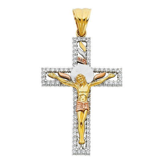 14k Tri-Color Gold Colorful 3D Crucifix CZ Religious Faith Cross Pendant Charm