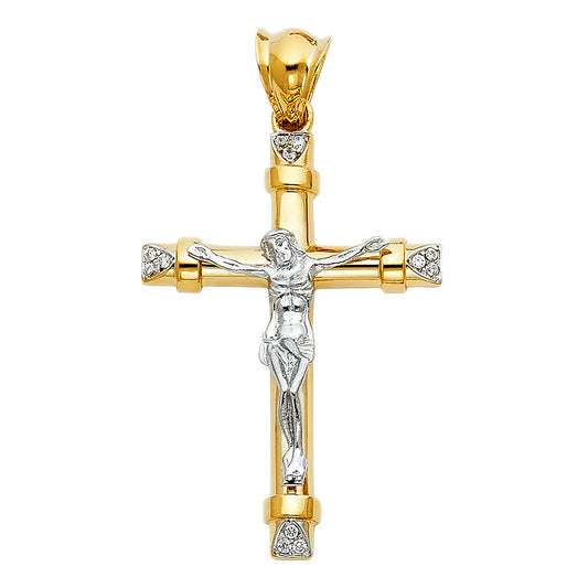 14k Two-Color Gold King of the Jews Cross Jesus of Nazarene Crucifix Pendant