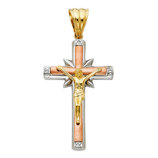 14k Tri-Color Gold Jesus Prince of Peace Clear CZ 3D Crucifix Pendant Charm