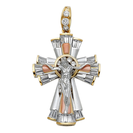 14k Tri-Color Gold Magnificent Savior Crucified Radiant Cross of Christ Pendant