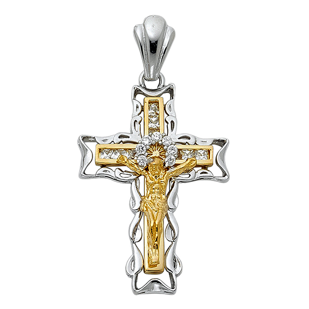 14k Two-Color Gold Jesus Christ Crucifix 3D Precision-Cut Latin Cross Pendant