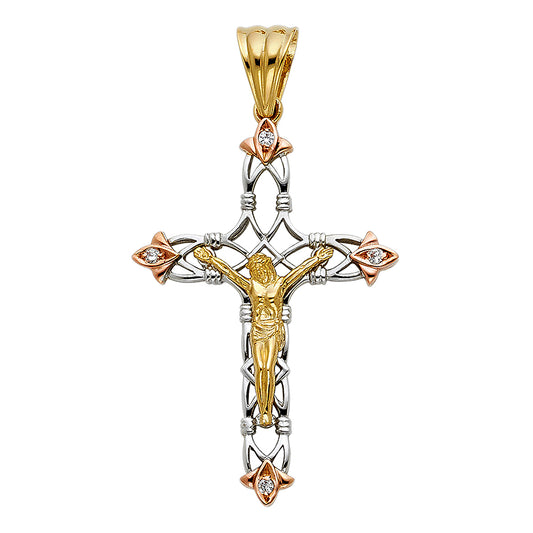 14k Tri-Color Gold Jesus Christ Crucified Modern 3D Crucifix Pendant Charm