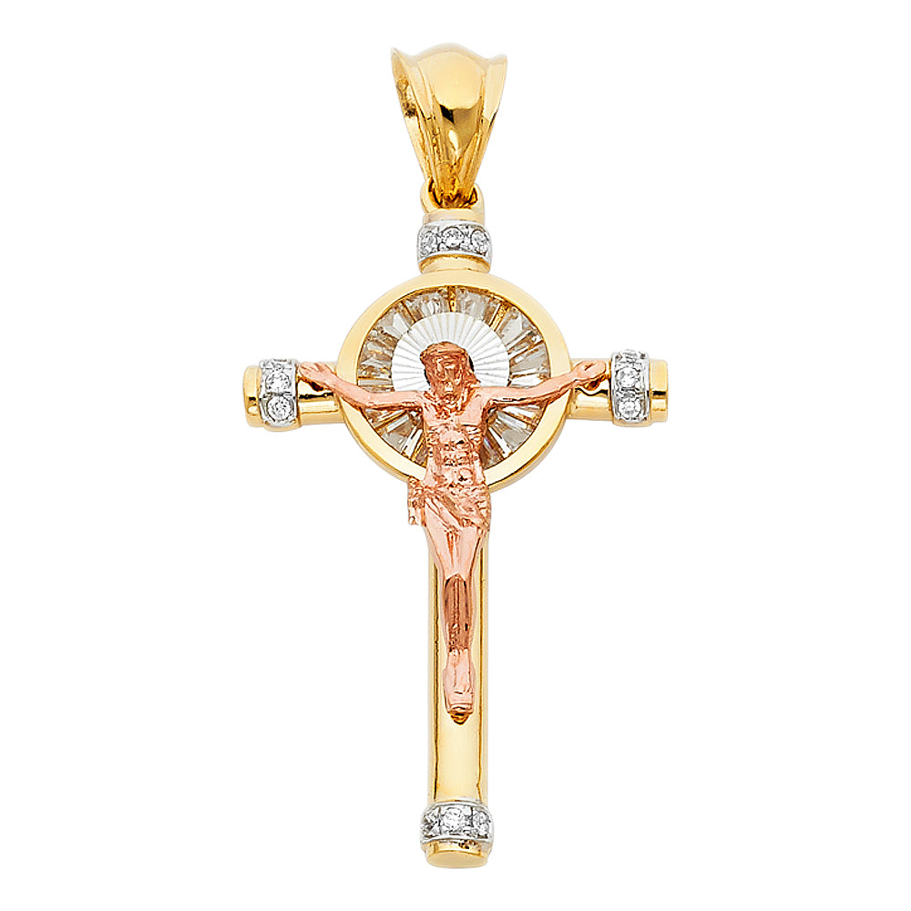 14k Tri-Color Gold Jesus Christ Crucified Radiant Pendant Christian Faith Charm