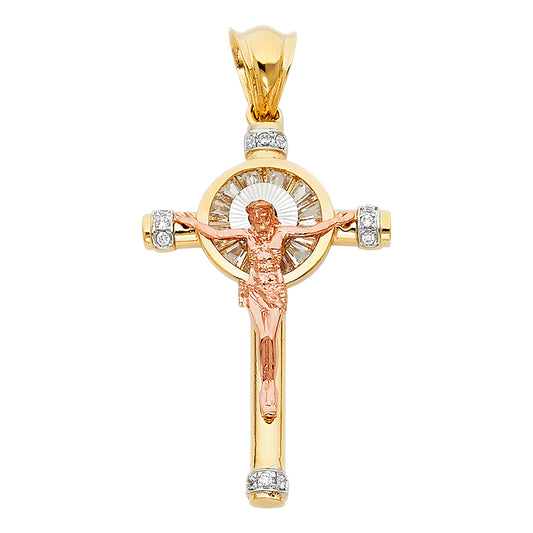 14k Tri-Color Gold Jesus Christ Crucified Radiant Pendant Christian Faith Charm