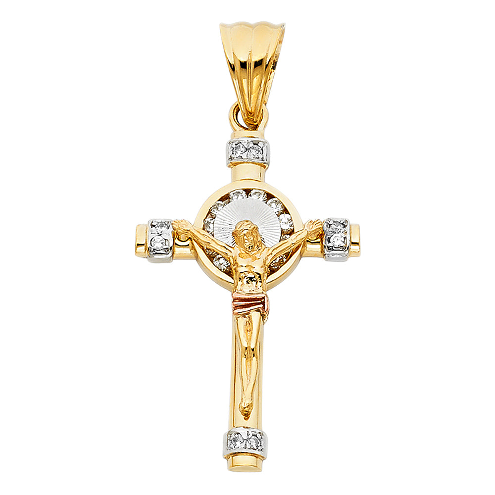 14k Tri-Color Gold Jesus 3D Latin Christian Crucifix Pendant Charm