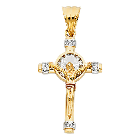 14k Tri-Color Gold Jesus 3D Latin Christian Crucifix Pendant Charm