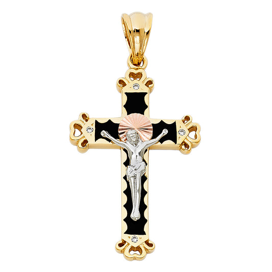 14k Tri-Color Gold Son of God Colorful 3D Heart Crucifix Cross Pendant Charm