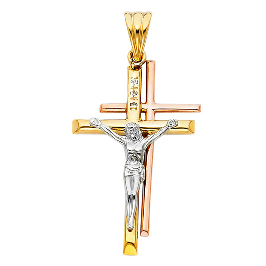 14k Tri-Color Gold 3D High Polished Double Crucifix Cross Pendant Charm