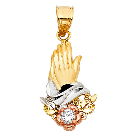 14k Tri-Color Gold Ornate Praying Hands Pendant Studded Filigree Swirl Charm