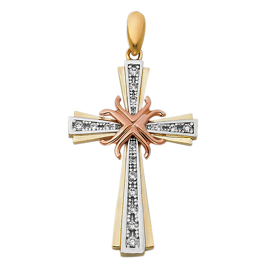 14k Tri-Color Gold Wrapped In God's Love Radiant 3D Christian Cross Pendant