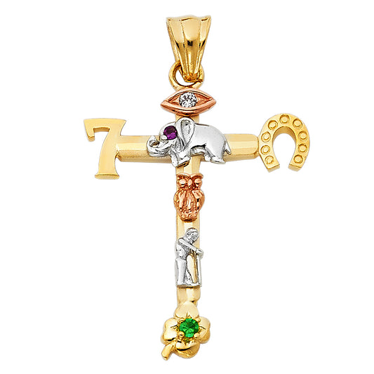 14k Tri-Color Gold Lucky Cross Good Fortune Owl Elephant Pendant Unique Charm