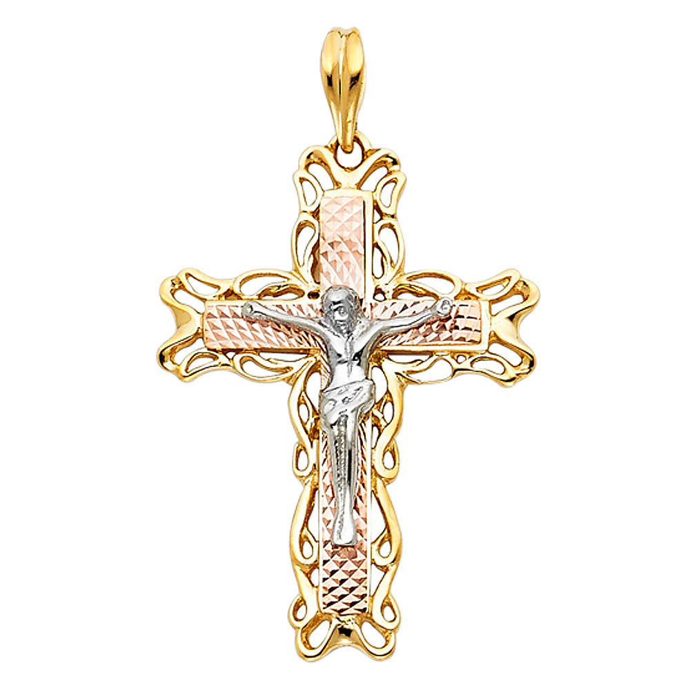14k Tri-Color Gold Cross Christ Precision-Cut Charm Crucifix Christian Pendant
