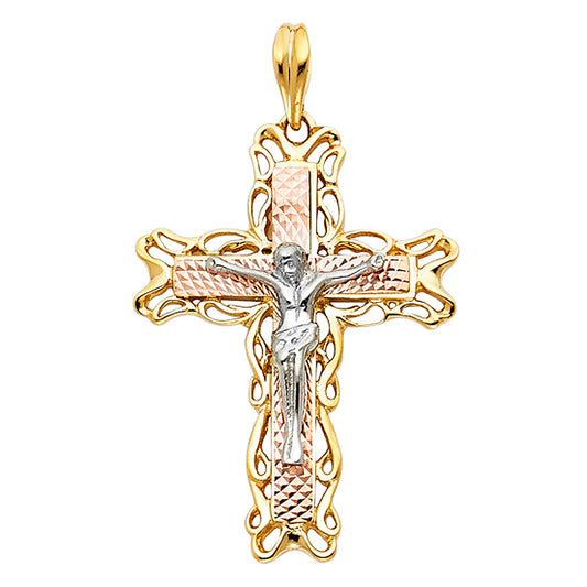 14k Tri-Color Gold Cross Christ Precision-Cut Charm Crucifix Christian Pendant