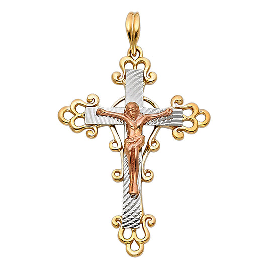 14k Tri-Color Gold Colorful 3D Precision-Cut Crucifix Pendant Diamond-Cut Charm