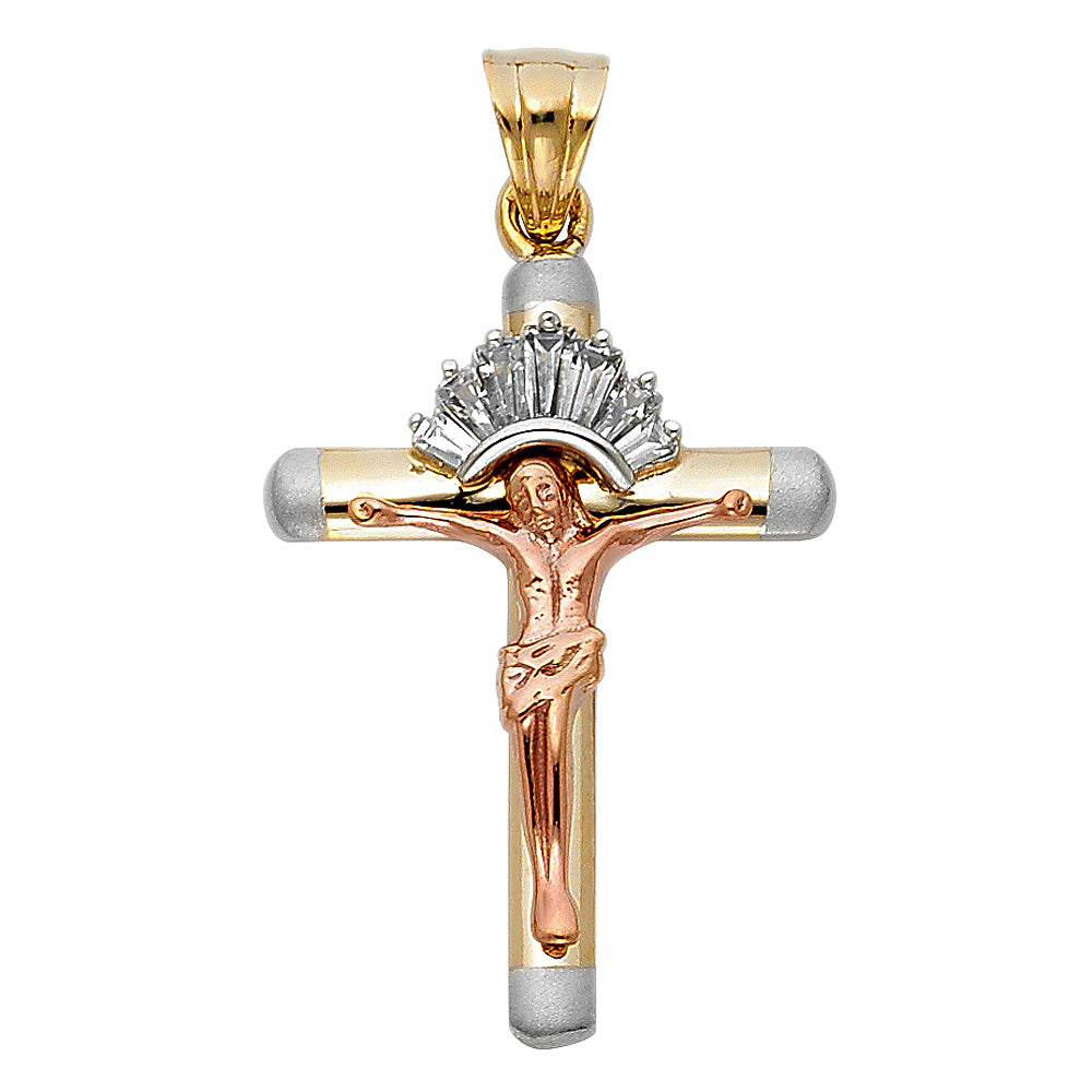 14k Tri-Color Gold Crucifixion Of Jesus Radiant Son of God Cross Pendant