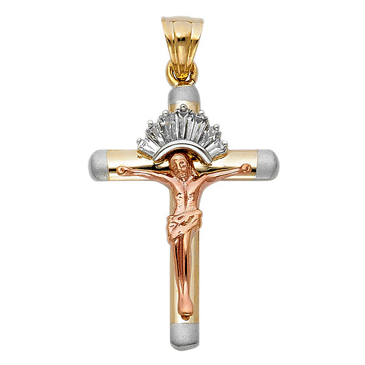 14k Tri-Color Gold Crucifixion Of Jesus Radiant Son of God Cross Pendant