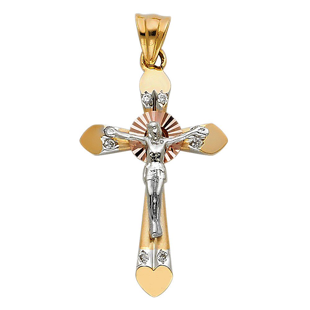 14k Tri-Color Gold Radiant Christ Cross Clear CZ Pendant Diamond-Cut Faith Charm