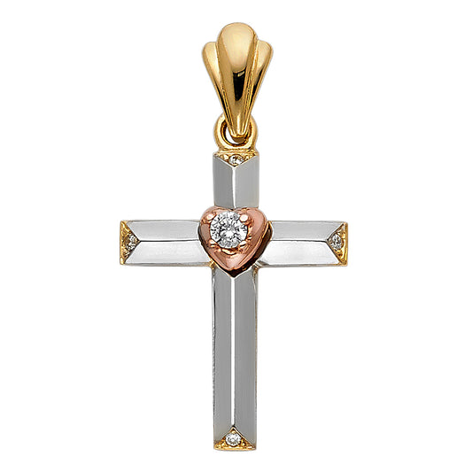 14k Tri-Color Gold Heart Beveled Christian Cross of Christ Pendant Charm