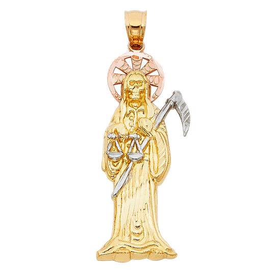 14k Tri-Color Gold Catholic Santa Muerte Pendant Death Grimm Reaper Charm