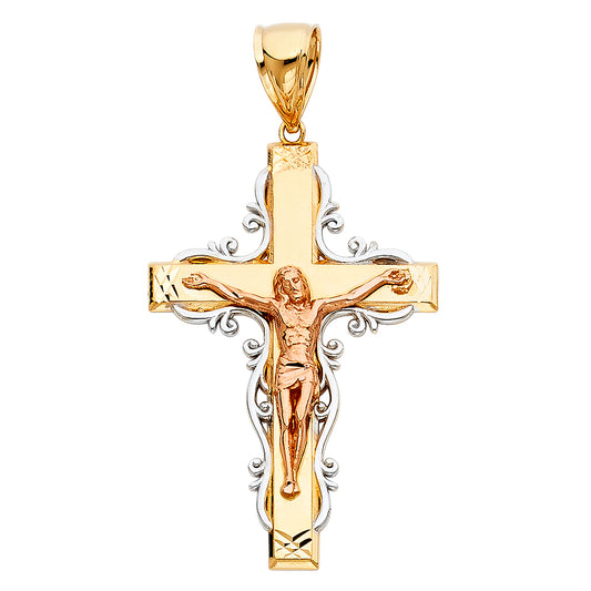 14k Tri-Color Gold Christ Crucified 3D Latin Design Crucifix Pendant Faith Charm