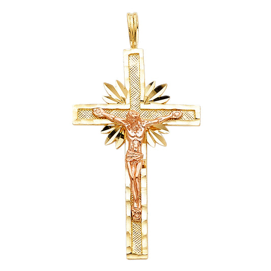 14k Two-Color Gold Radiant Cross Christ Crucifix Pendant Christian Faith Charm