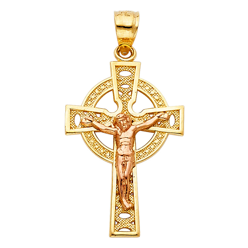 14k Two-Color Gold Irish Design Celtic Crucifix Cross Pendant Britain Charm