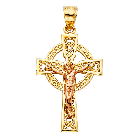 14k Two-Color Gold Irish Design Celtic Crucifix Cross Pendant Britain Charm