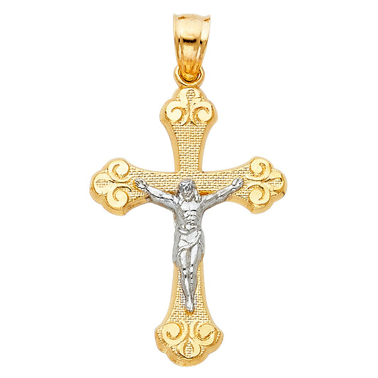 14k Two-Color Gold Precision-Cut Cross Christian Charm Christ Crucifix Pendant