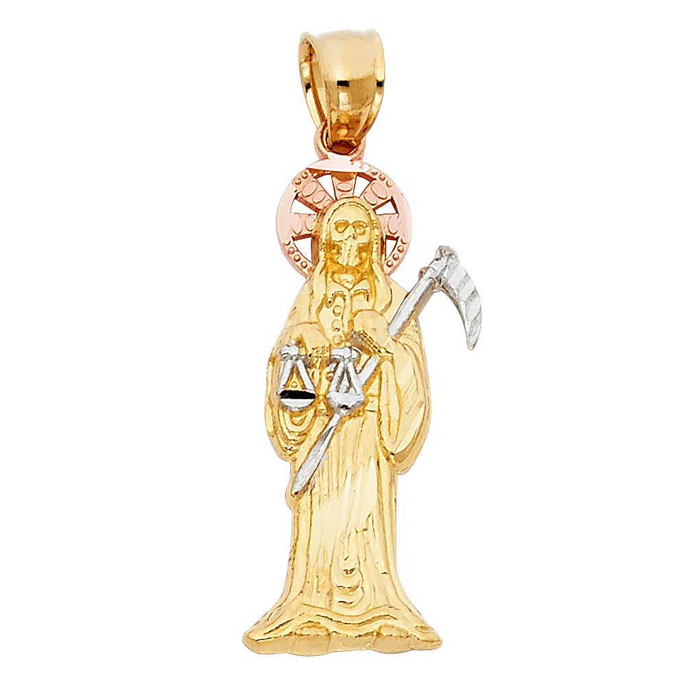 14k Tri-Color Gold Catholic Santa Muerte Pendant Death High Polish Dying Charm