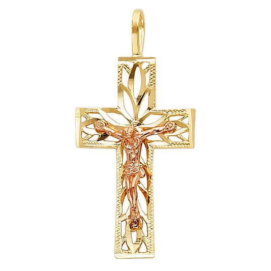 14k Two-Color Gold Modern Cross 3D Precision-Cut Crucifix Pendant Redeemed Charm