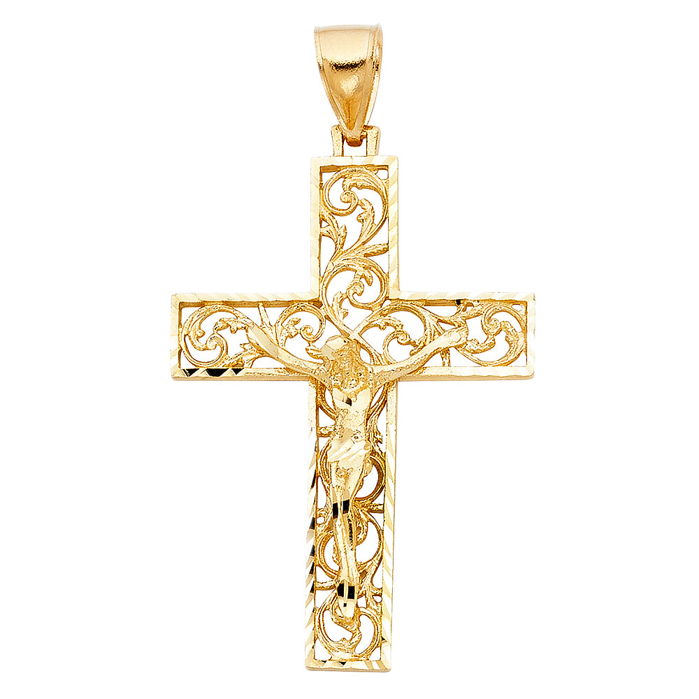 14k Yellow Gold Jesus Christ Crucified Latin Filigree Cross Pendant
