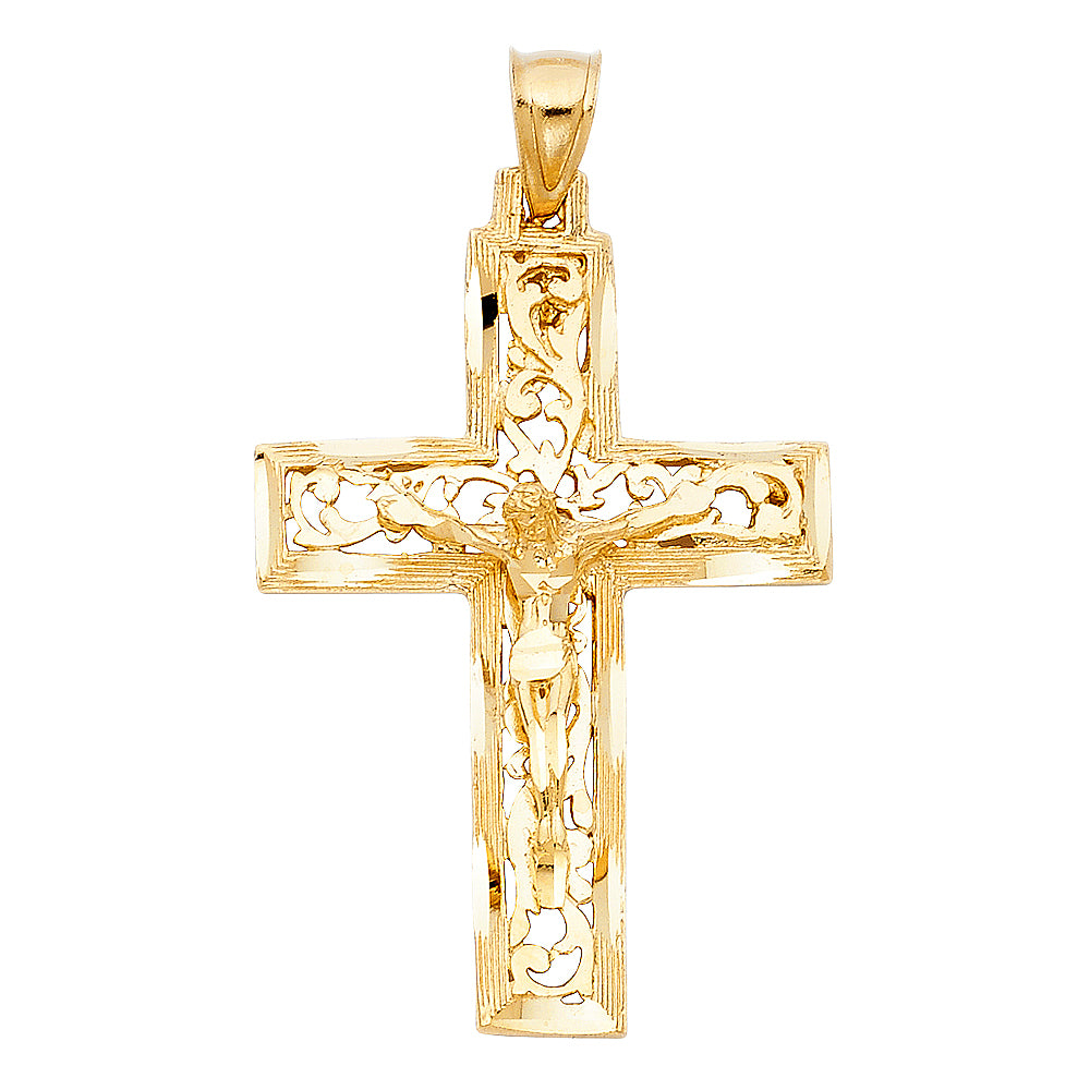 14k Yellow Gold Cross of Christ 3D Precision-Cut Filigree Crucifix Pendant Charm
