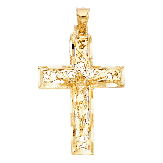 14k Yellow Gold Cross of Christ 3D Precision-Cut Filigree Crucifix Pendant Charm