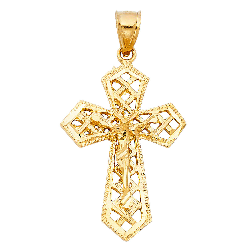 14k Yellow Gold Jesus King of Kings Cross 3D Precision-Cut Crucifix Pendant