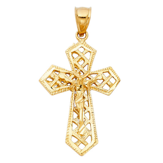 14k Yellow Gold Jesus King of Kings Cross 3D Precision-Cut Crucifix Pendant
