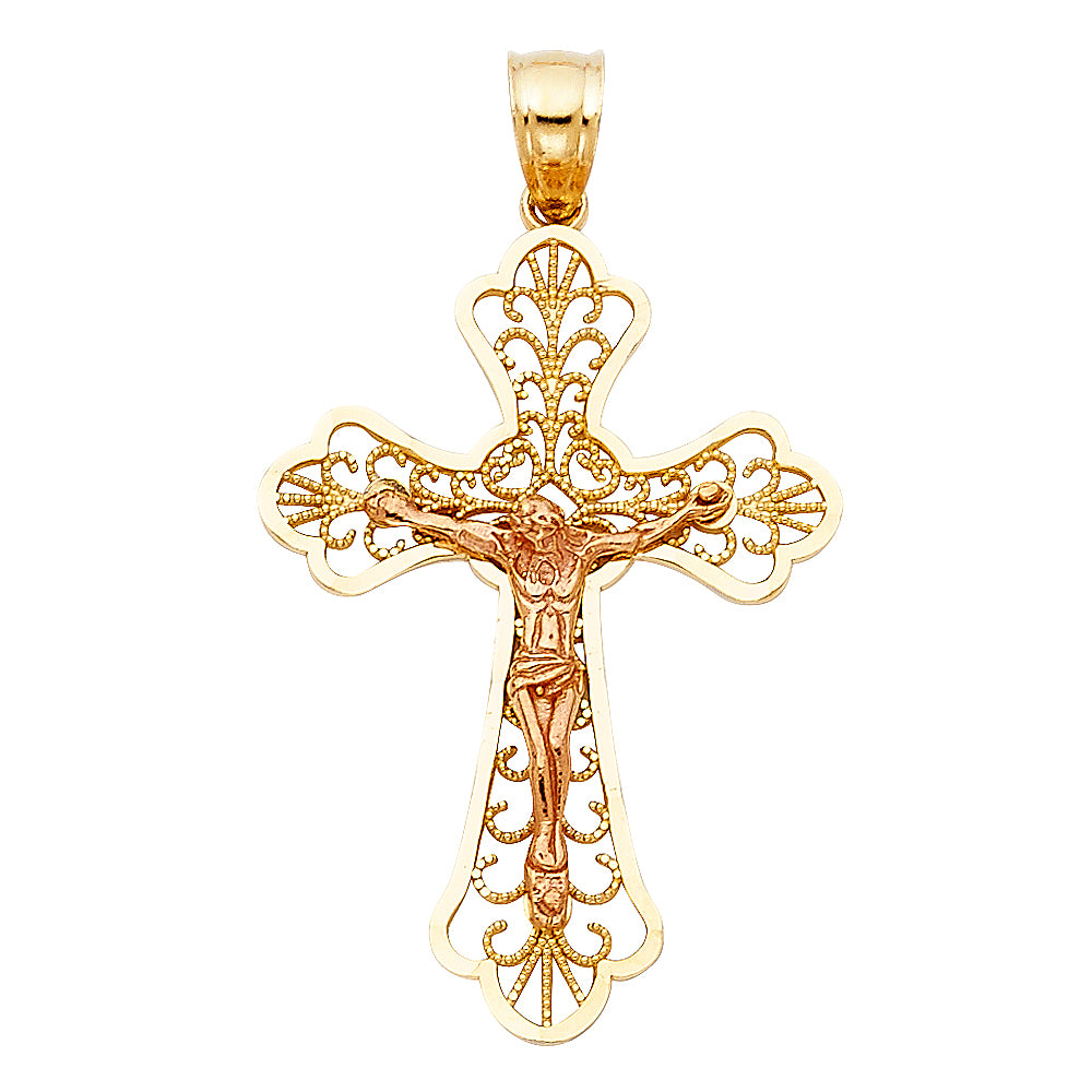 14k Two-Color Gold Classic Latin Cross Vatican City Inspired Crucifix Pendant