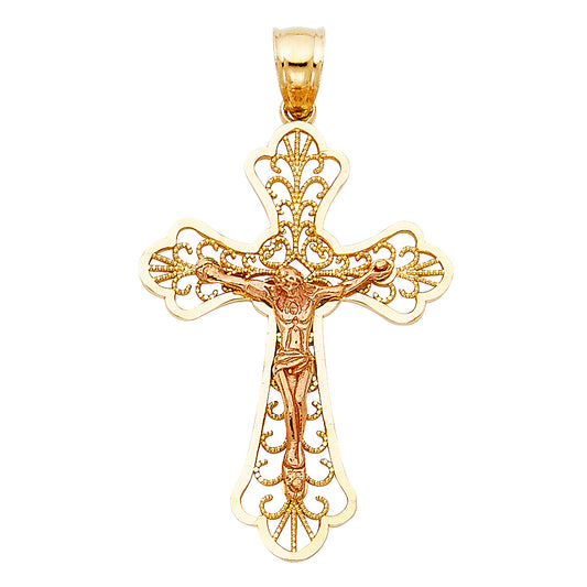 14k Two-Color Gold Classic Latin Cross Vatican City Inspired Crucifix Pendant