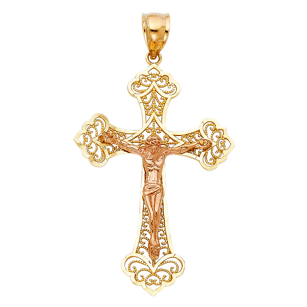 14k Two-Color Gold Vatican City Style Cross Latin Design 3D Crucifix Pendant