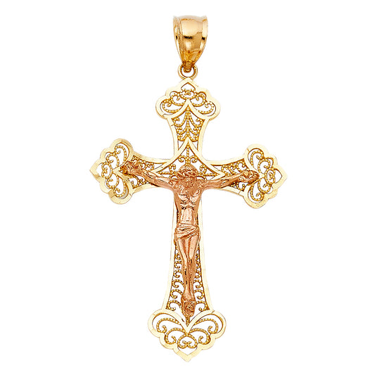 14k Two-Color Gold Vatican City Style Cross Latin Design 3D Crucifix Pendant