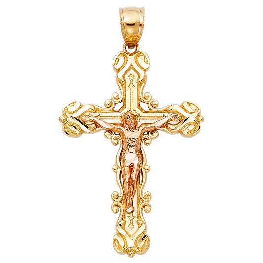 14k Two-Color Gold Distinguished Crucifix Latin Cross Pendant Diamond-Cut Charm