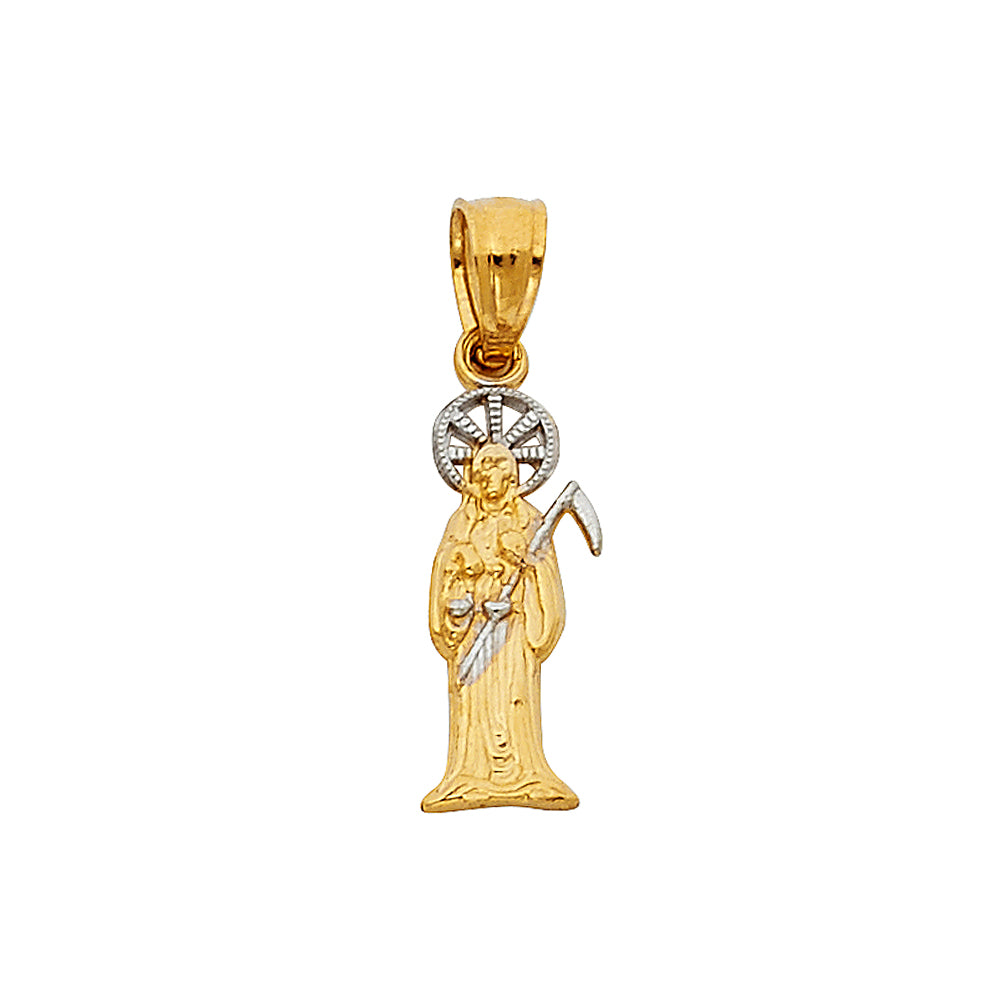 14k Two-Color Gold Santa Muerte Pendant Death Ornate High Polish Dead Charm