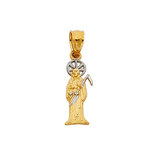 14k Two-Color Gold Santa Muerte Pendant Death Ornate High Polish Dead Charm