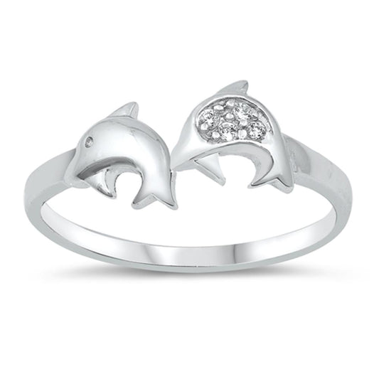 White CZ Cute Friendship Dolphin Animal Ring 925 Sterling Silver Band Sizes 4-9