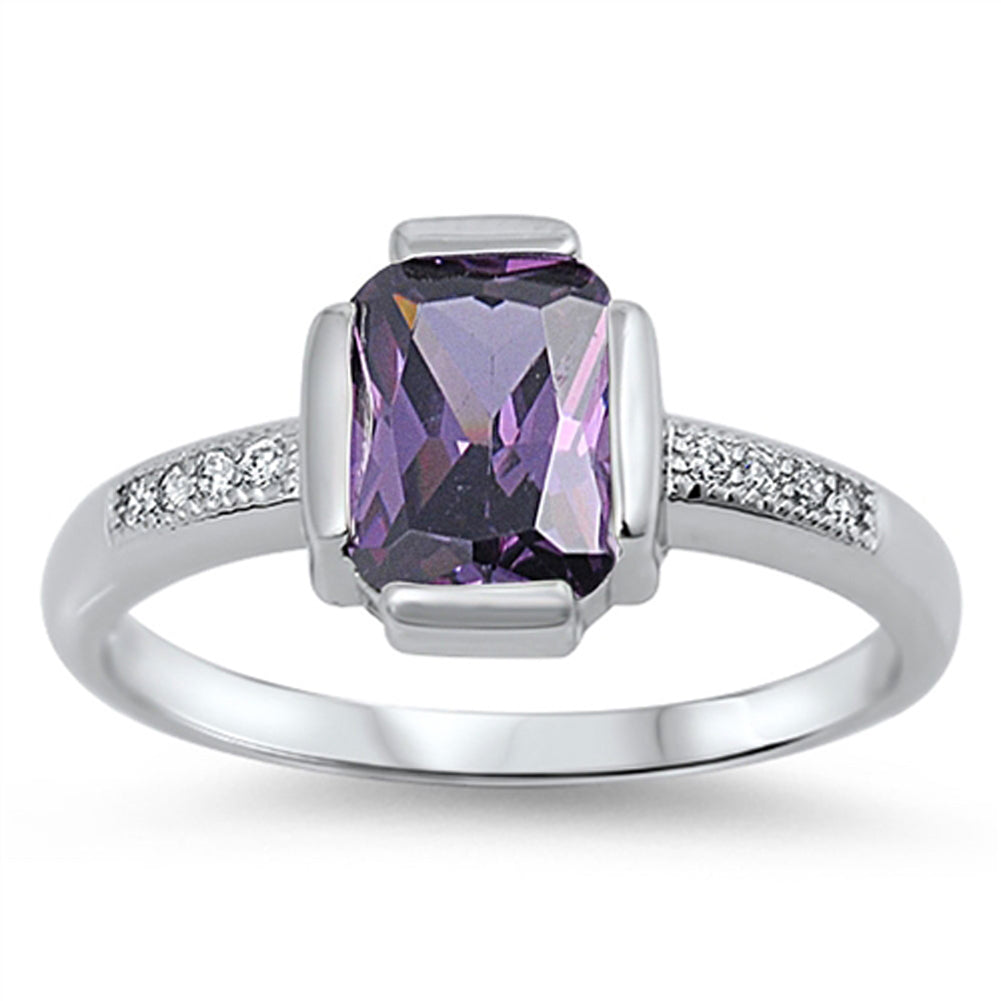 Amethyst CZ Rectangle Wall Fashion Ring New .925 Sterling Silver Band Sizes 5-11