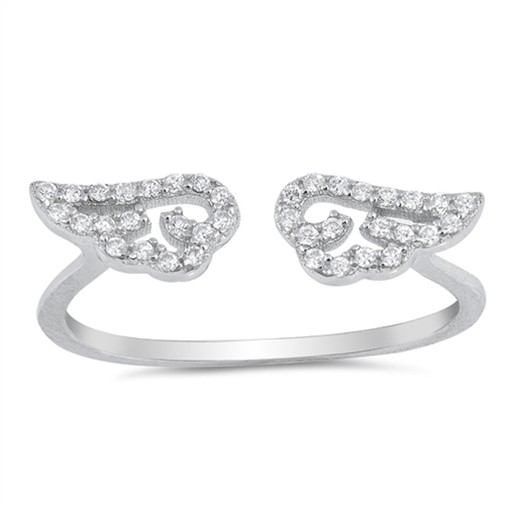 White CZ Open Adjustable Angel Wings Ring .925 Sterling Silver Band ...