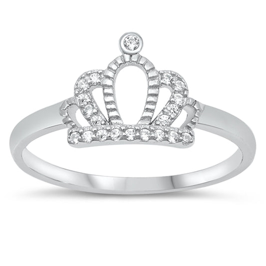 Clear CZ Studded Princess Crown Ring New .925 Sterling Silver Band Sizes 4-10