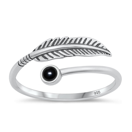 Sterling Silver Black Agate Feather Spoon Ring